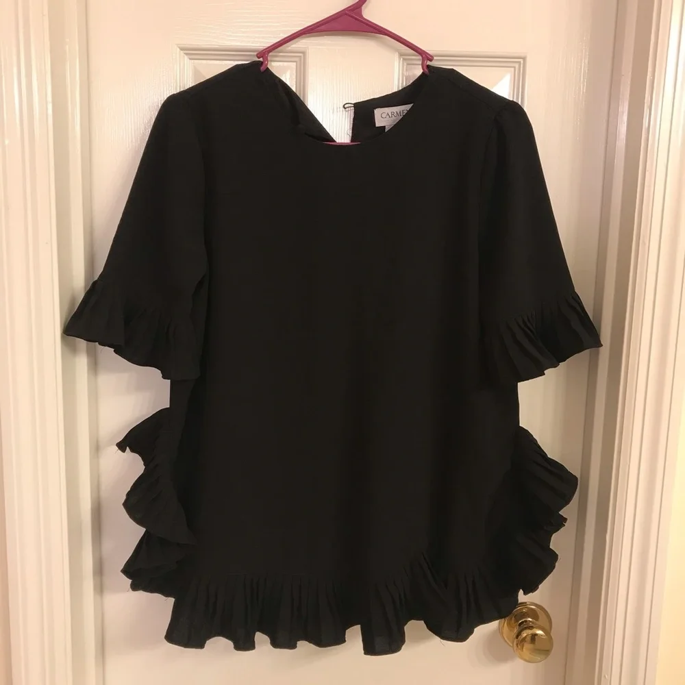 Carmen Marc Valvo Pleated-Trim Elbow-Sleeve Blouse - Picture 6 of 13